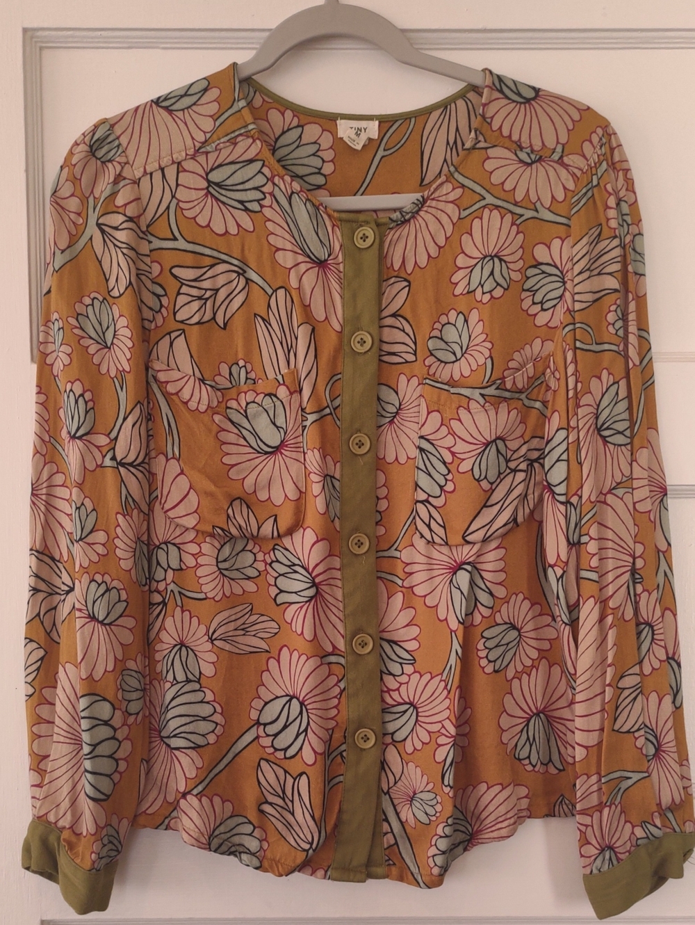 Floral Mustard Button-Front Blouse with Olive Trim